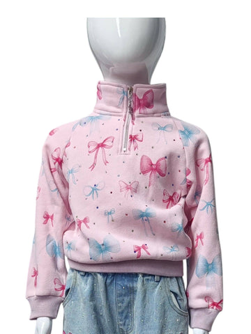 Bow Pattern Gem Zip Crewneck