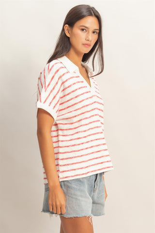 Striped Collared V-Neck Top
