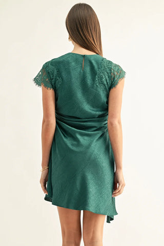 AR | Jordyn Asymmetric Hem Ruched Mini Dress in Dark Teal