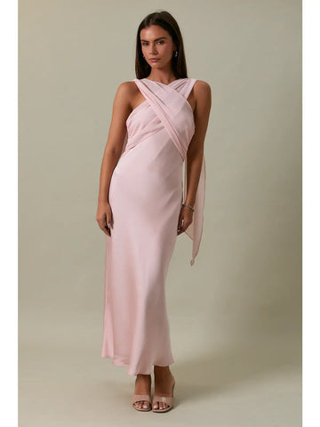 Strapless Contrast Scarf Midi Dress in Blush
