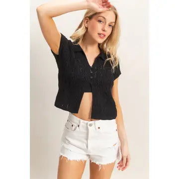 Pointelle Knit Collared Cardigan