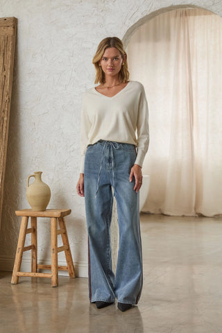 Washed Denim Pants with Brown Stripe