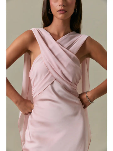Strapless Contrast Scarf Midi Dress in Blush