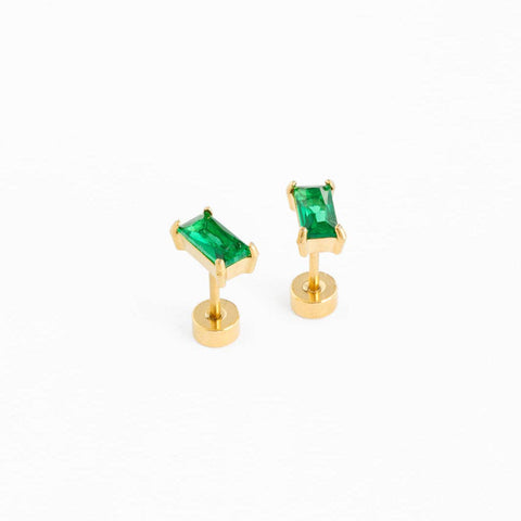 Emerald Baguette Stud Earrings - Hypoallergenic, Flat Back