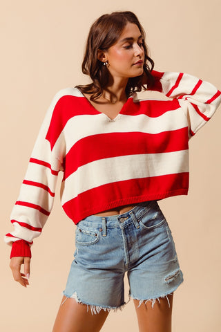 Stripe Knitted V- Neck Loose Fit