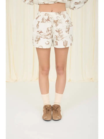 Western Print Elastic Waist Knit Shorts