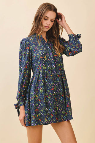 Floral Print Ruffled Mock Neck Dress