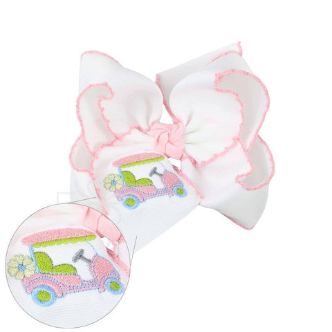 EMBROIDERED GOLF CART CROCHET EDGE HAIR BOW