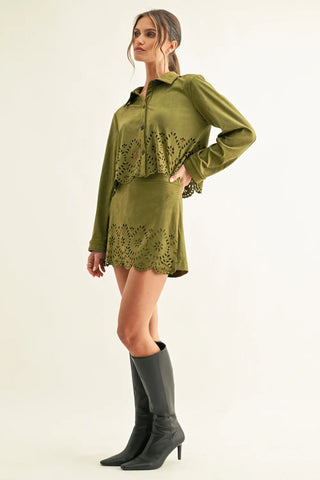 AR | Lucia Eyelet Faux Suede Cropped Shirt in Olive