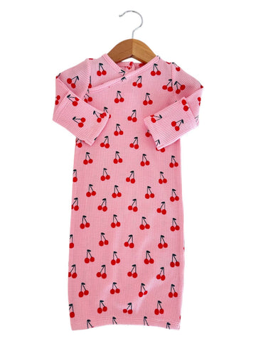 Organic Waffle Gown, Pink Cherries