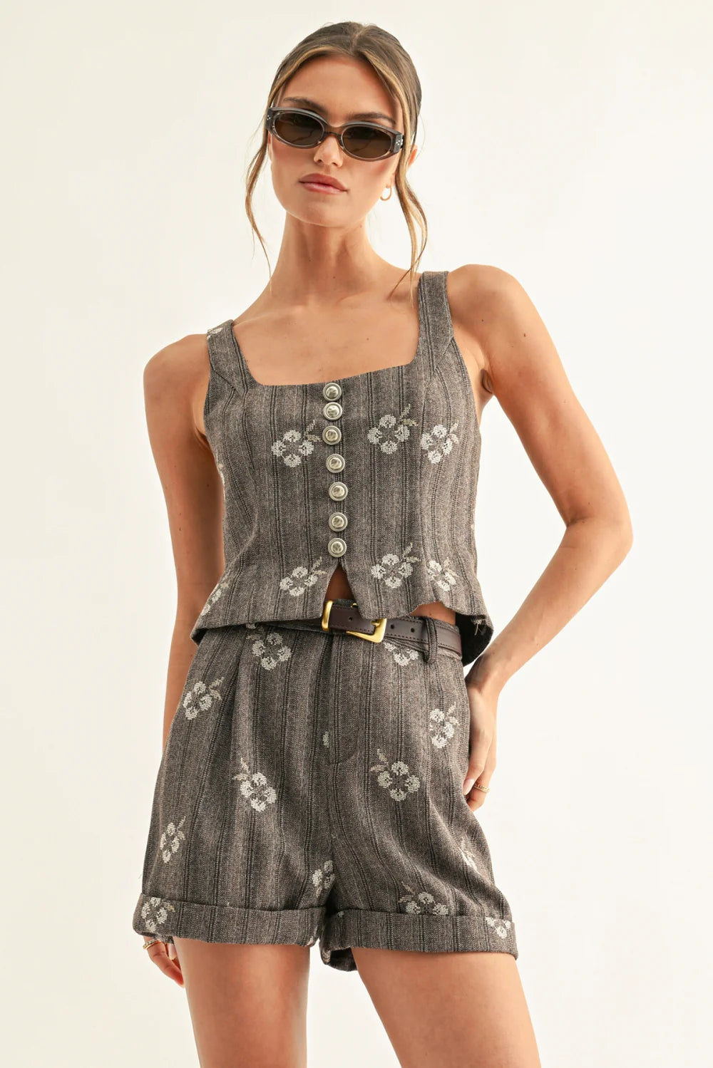 AR | Carina Pleated Shorts with Belt in Brown Multi