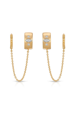 Double Piercing Bezel Crystal Dangle Earrings