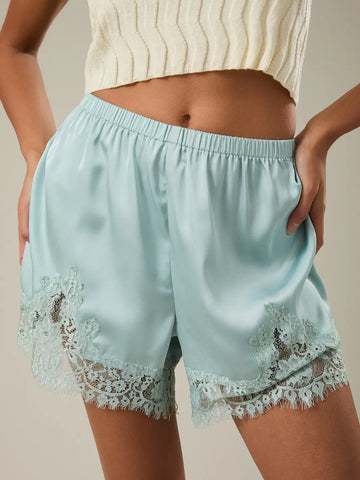 Elastic Waist Mid Rise Lace Trim Shorts