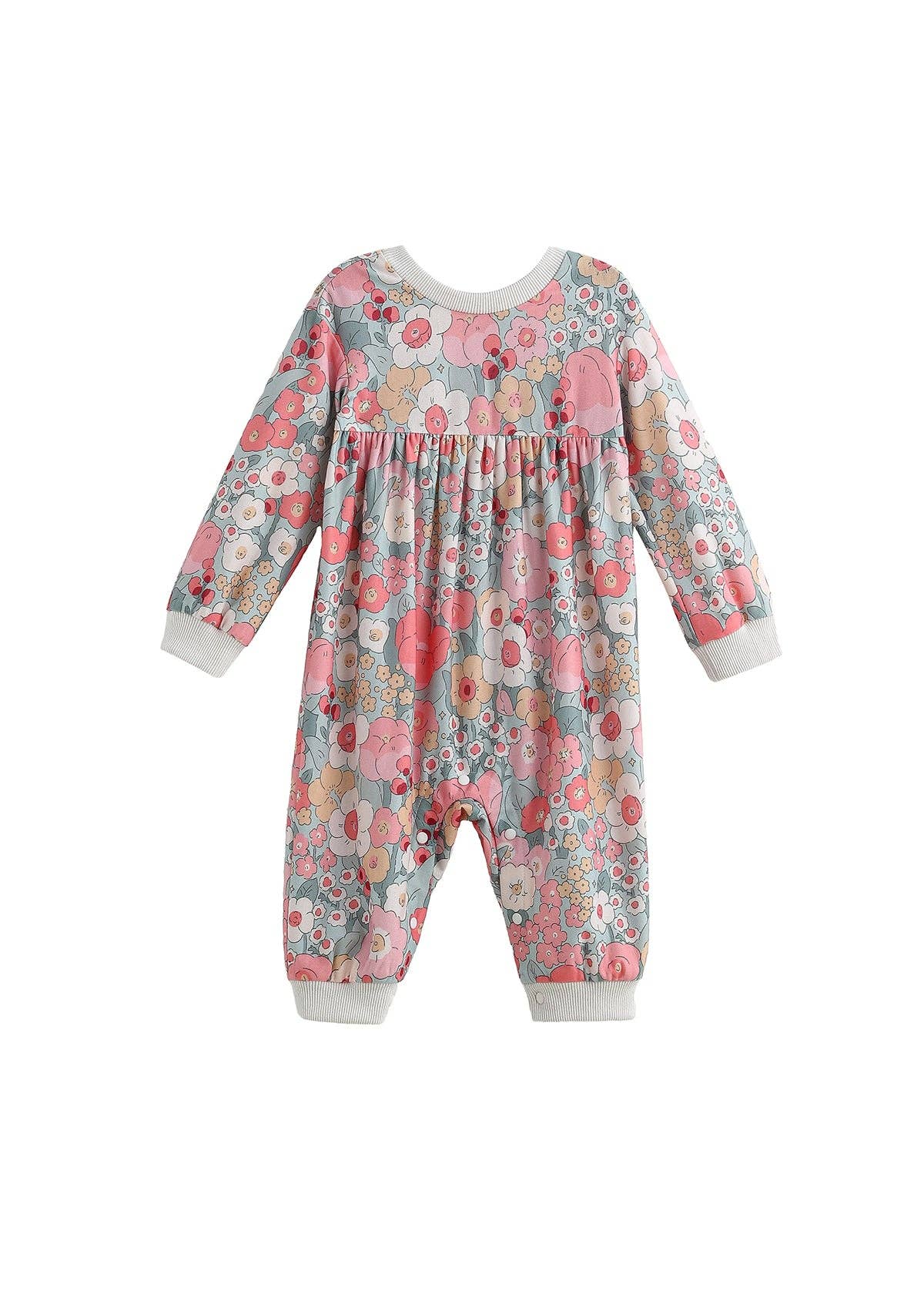 Eliza Long Sleeve Floral Ribbed Trim Gathered Waist Bubble Romper