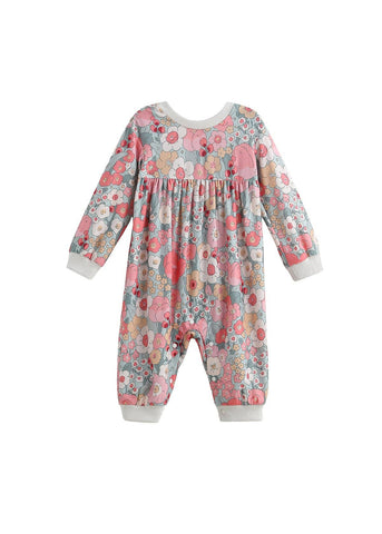 Eliza Long Sleeve Floral Ribbed Trim Gathered Waist Bubble Romper