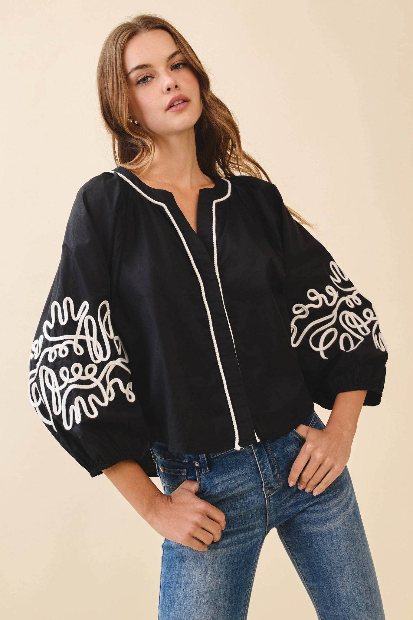Bold Embroidery Puff Sleeves Blouse