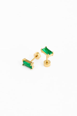 Emerald Baguette Stud Earrings - Hypoallergenic, Flat Back