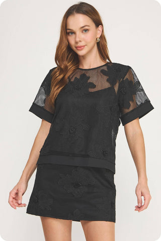 Embroidery Floral Mesh Top Skirt Set