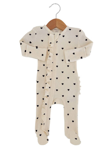 Organic Waffle 2-Way Zip Ruffle Footie, Black Heart