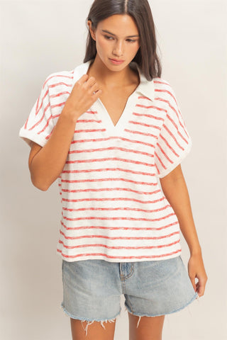 Striped Collared V-Neck Top