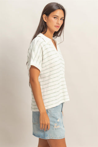 Striped Collared V-Neck Top