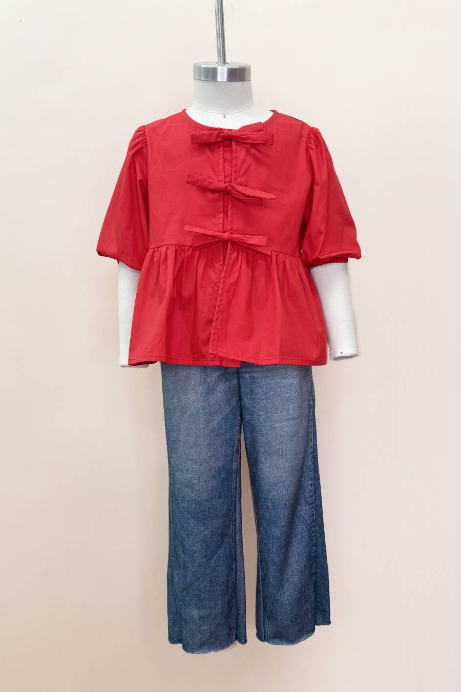 Kids Solid Cotton Poplin Front Tie Ribbon Blouse