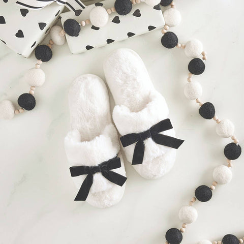 Bella | Plush Velvet Bow Slippers - Ivory + Black Velvet Bow