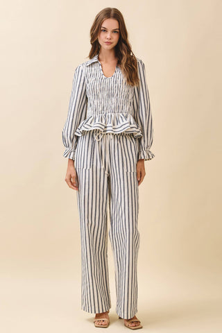 Vertical Striped Smocked Peplum Hem Top