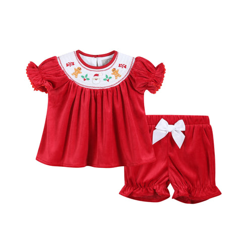 Red Velour Christmas Smocked Dress and Bloomers Set