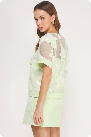 Embroidery Floral Mesh Top Skirt Set