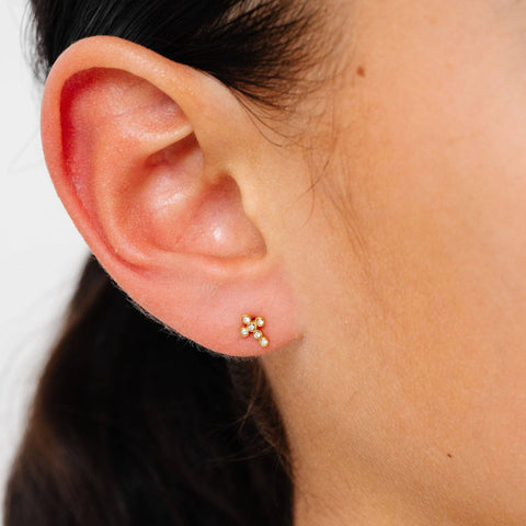 Diamond Cross Stud Earring - Hypoallergenic, Flat Back, Girl