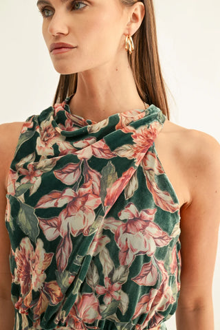 AR | Veda Burnout Velvet Draped Maxi Dress in Teal Multi