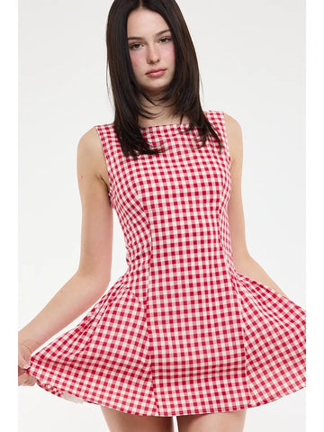 Checker Boat Beck Sleeveless Mini Dress in Red