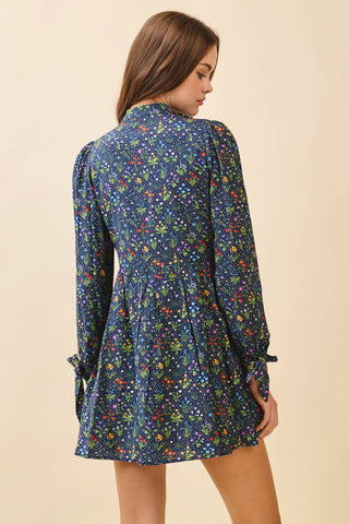 Floral Print Ruffled Mock Neck Dress