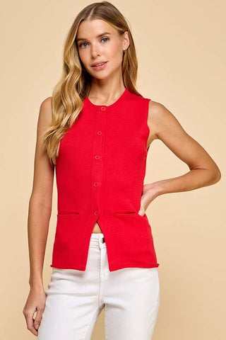 CV1253-Knit Button Up Front Pockets Vest