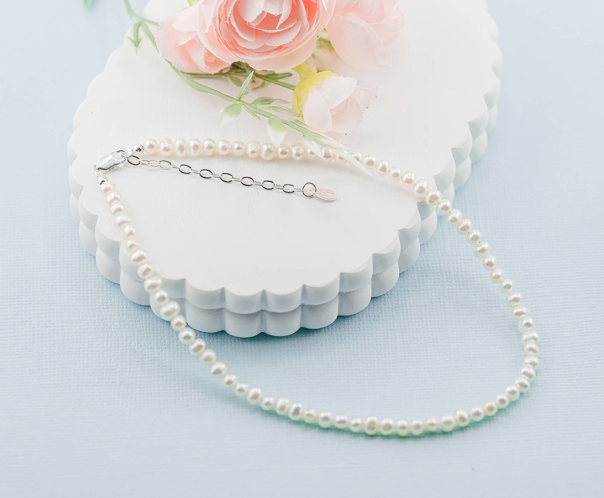 Girls Sterling Silver Strand of Pearls Kids Necklace