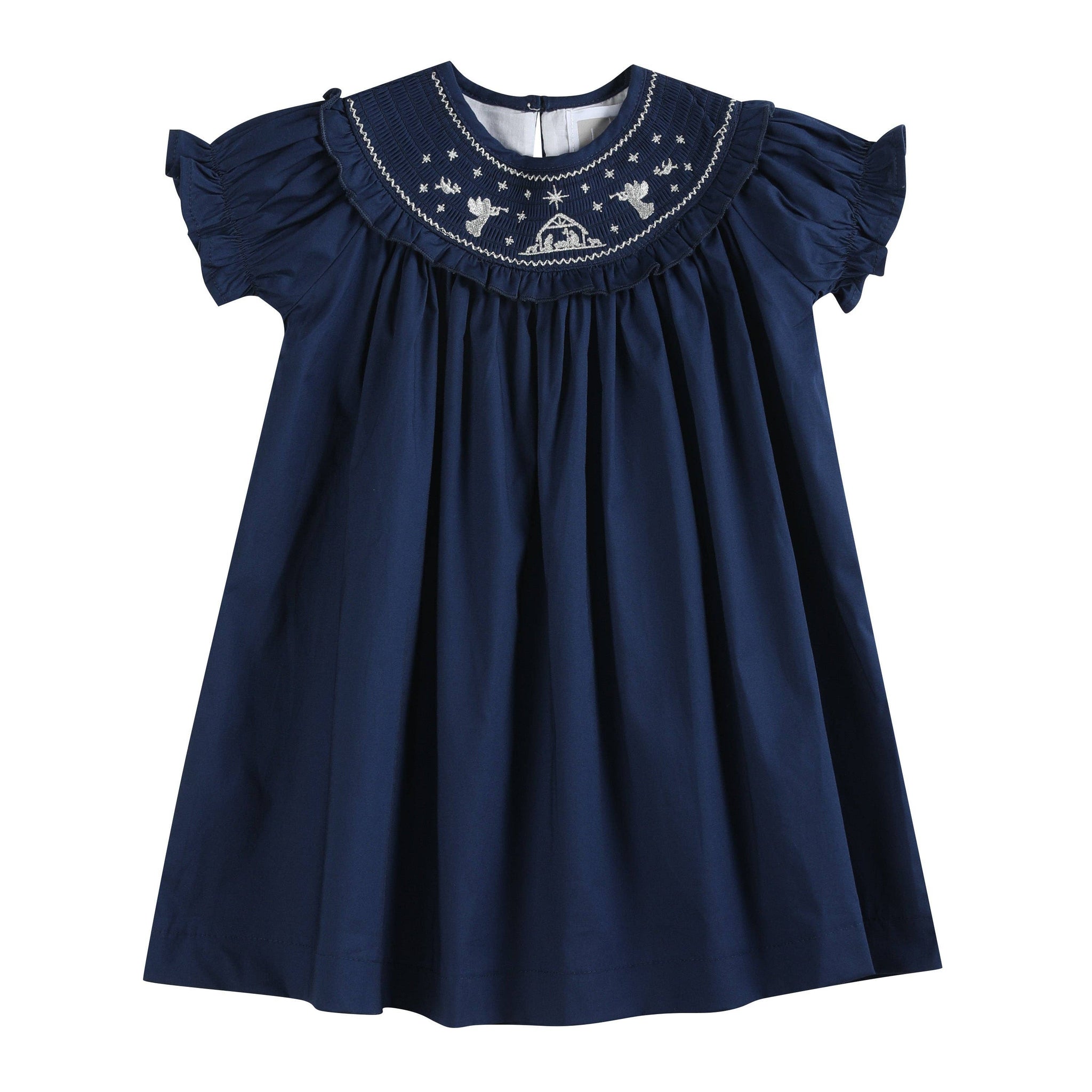 Blue Nativity Smocked Ruffle Bishop Dress