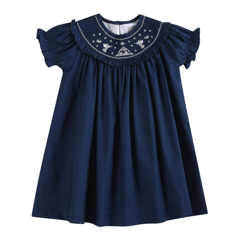 Blue Nativity Smocked Ruffle Bishop Dress