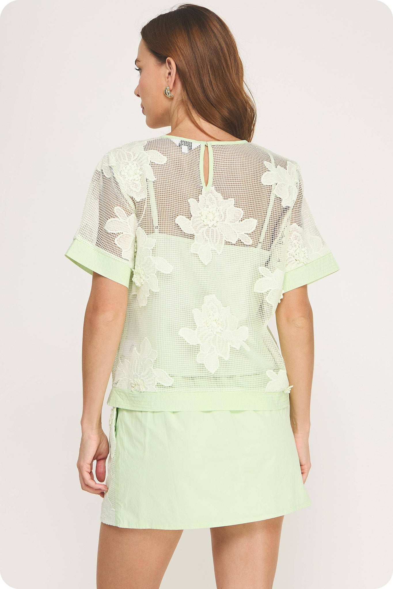 Embroidery Floral Mesh Top Skirt Set