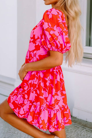 LDC Floral Bubble Sleeve Sweetheart Neck Ruffled Mini Dress