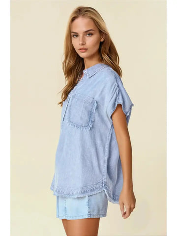 Denim Fray Henley Tee