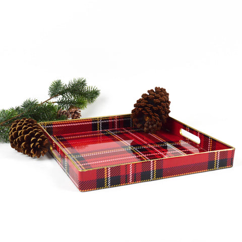 Red Tartan Plaid Square Resin Serving Tray