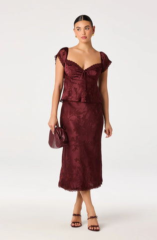 ASTR | Windey Floral Burnout Satin Midi Skirt in Mulberry
