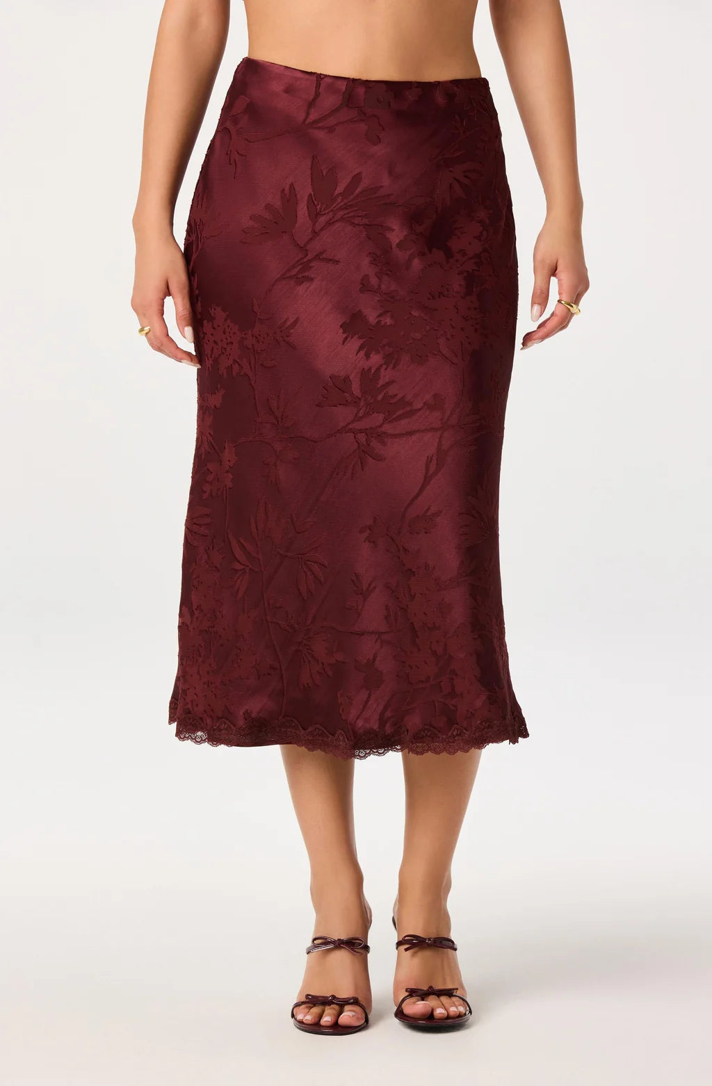 ASTR | Windey Floral Burnout Satin Midi Skirt in Mulberry