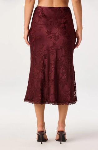 ASTR | Windey Floral Burnout Satin Midi Skirt in Mulberry