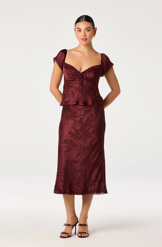 ASTR | Windey Floral Burnout Satin Midi Skirt in Mulberry