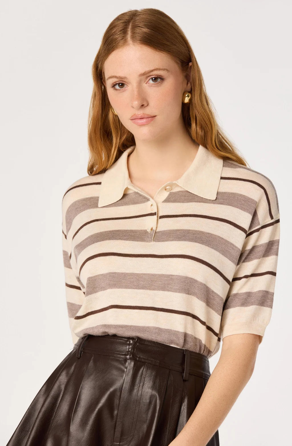 ASTR | Scottie Striped Knit Polo Sweater in Cream Brown Stripe