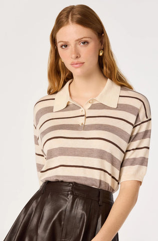 ASTR | Scottie Striped Knit Polo Sweater in Cream Brown Stripe