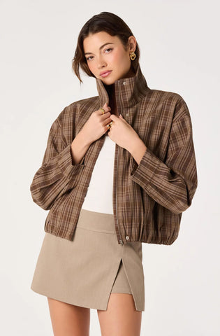 ASTR | Cooper Funnel Collar Bomber Jacket in Brown Plaid