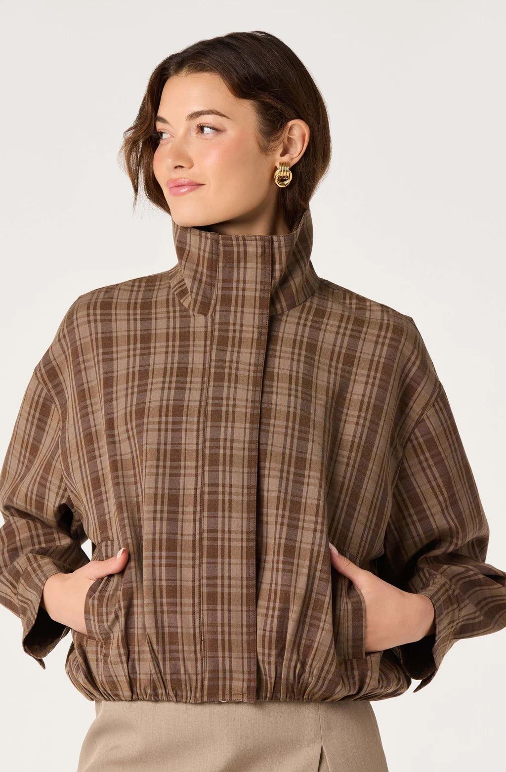 ASTR | Cooper Funnel Collar Bomber Jacket in Brown Plaid